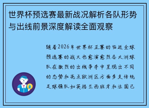 世界杯预选赛最新战况解析各队形势与出线前景深度解读全面观察