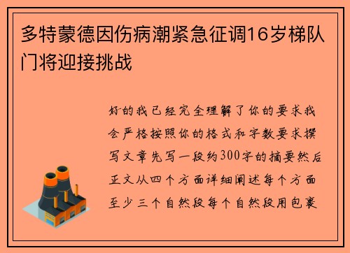 多特蒙德因伤病潮紧急征调16岁梯队门将迎接挑战
