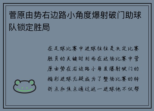 菅原由势右边路小角度爆射破门助球队锁定胜局