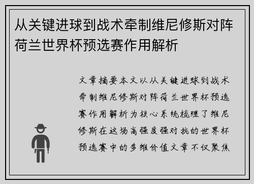 从关键进球到战术牵制维尼修斯对阵荷兰世界杯预选赛作用解析